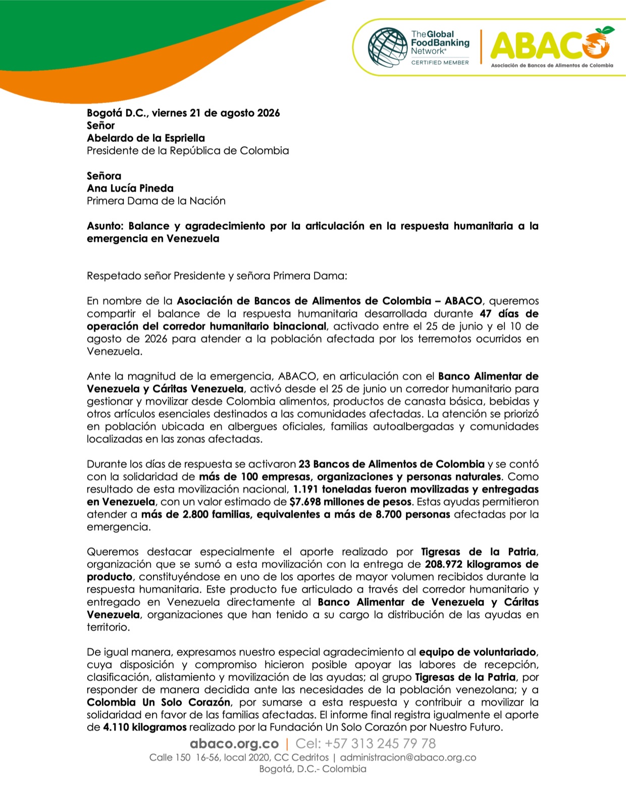 Carta de ABACO al Presidente y a la Primera Dama, 21 de agosto de 2026, página 1: balance de los 47 días del corredor humanitario binacional hacia Venezuela.